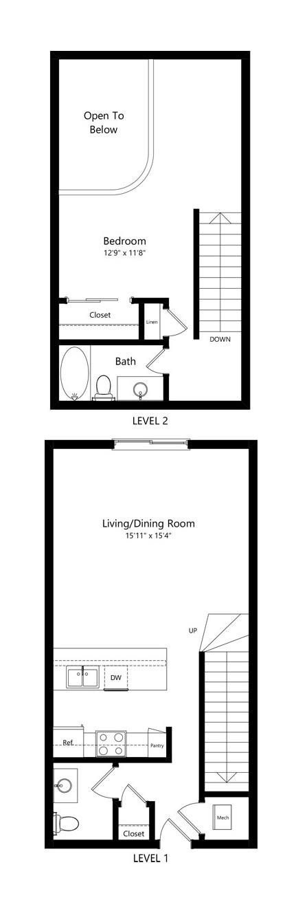 the 1-bedroom, 1-bathroom, 879 square feet Madison loft-style floor plan at Pine Lake Heights apartments in Lincoln, NE